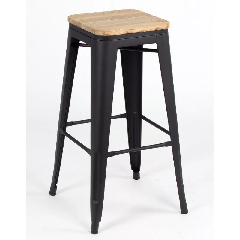 Taburete TOLIX COLOR NEGRO MATE ASIENTO MADERA - Ref SM-TLAMNM